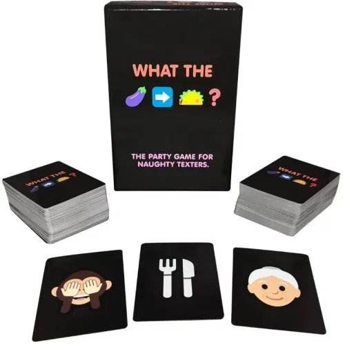 Kartenspiel "What The" mit Emojis auf Karten, darunter Affe, Besteck und Oma. Verpackung im Hintergrund.