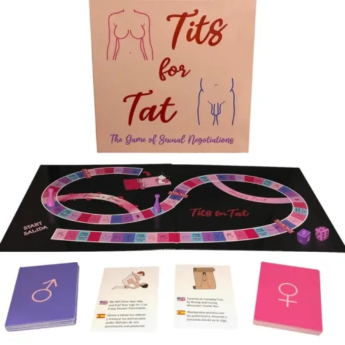 Brettspiel "Tits for Tat" mit Spielbrett, Karten und Würfeln, thematisiert sexuelle Verhandlungen.