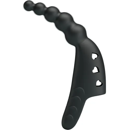 Black, curved silicone toy with heart-shaped cutouts and a pearl texture at the end.