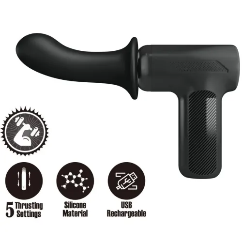 Black massage device with 5 settings, silicone material and USB charging. Icons for functions are located underneath.