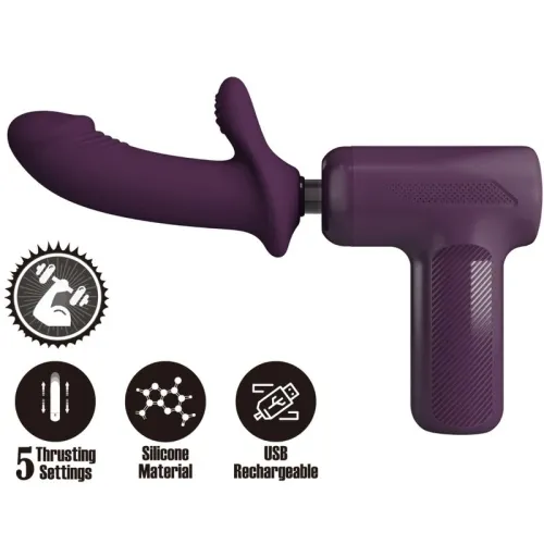 Purple massager with 5 thrust modes, silicone material and USB charging.