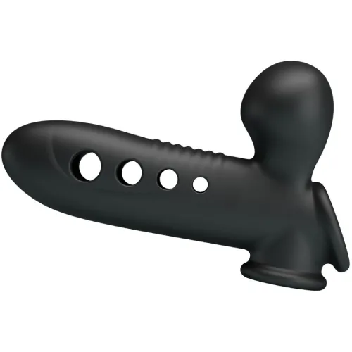 Schwarzes, ergonomisch geformtes Silikonspielzeug mit mehreren runden Öffnungen und einer abgerundeten Spitze.