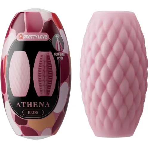 Pink, textured sex toy with packaging, "Pretty Love Athena Eros", dual-entry design.