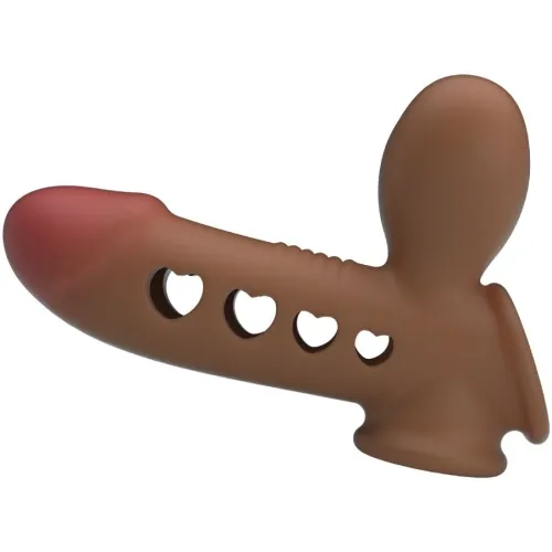 Brown bone-shaped dog toy with heart-shaped cutouts and a round handle.