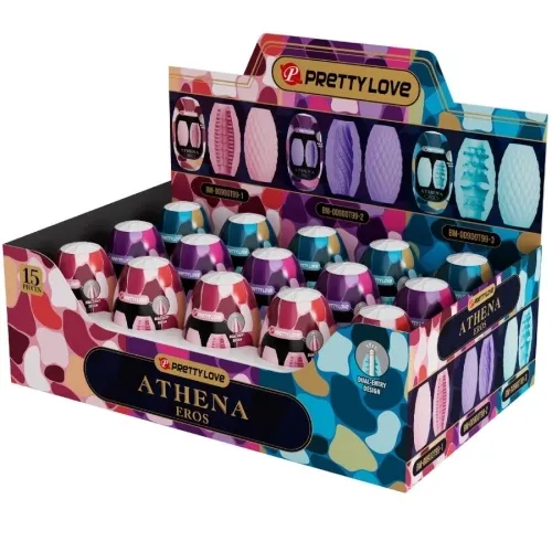Colorful packaging containing 15 Pretty Love Athena Eros products in a display box.