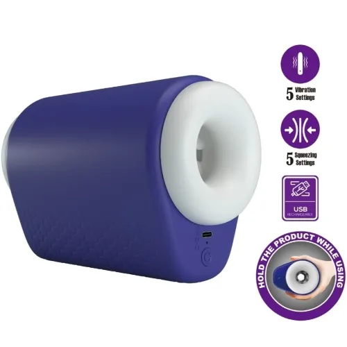 Blue, cylindrical device with white opening, 5 vibration and pressure settings, USB port, handling instructions.