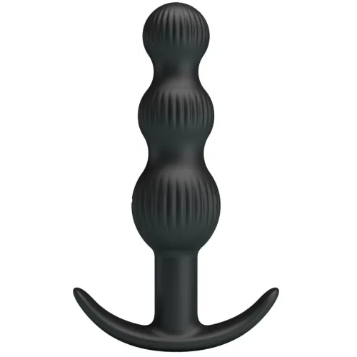Black, ribbed anal toy with three balls and a curved handle.