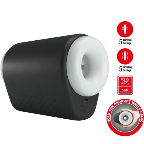 Schwarzes, zylindrisches Gerät mit weißer Öffnung, 5 Vibrations- und Stoßeinstellungen, USB-aufladbar.
