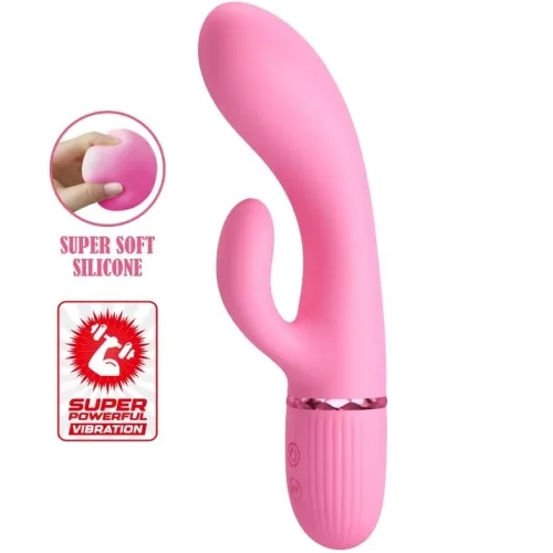 Rosa Vibrator aus weichem Silikon mit zwei Motoren und starker Vibration, abgebildet mit Text "Super Soft Silicone".