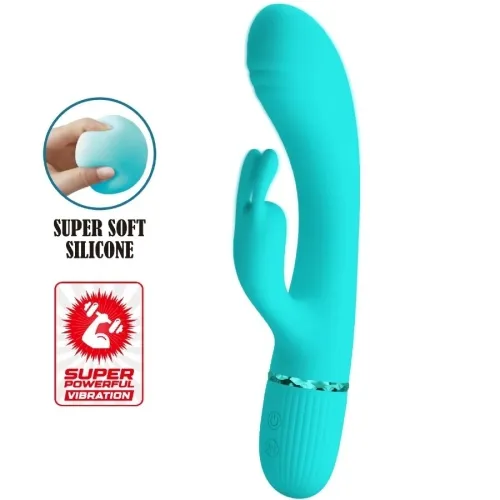 Turquoise silicone vibrator with bunny ears, super soft texture and powerful vibration.
