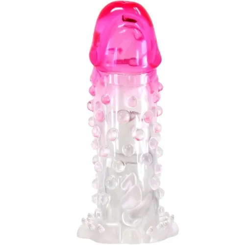 Transparent, textured cover with pink lace, cylindrical shape, for intimate products.