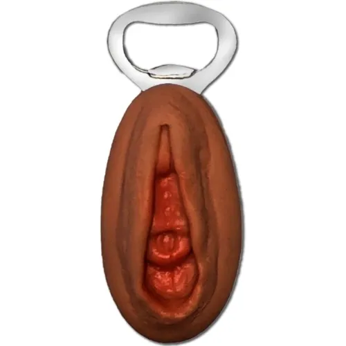 Bottle opener with a handle in the shape of a stylized vulva.