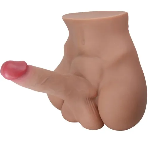 A silicone model of a male lower body with penis and testicles, on a white background.