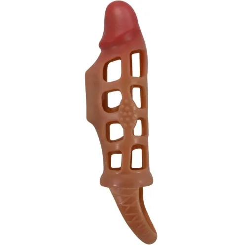Brown, grid-like dog toy in the shape of an ice cream cone with a red tip.