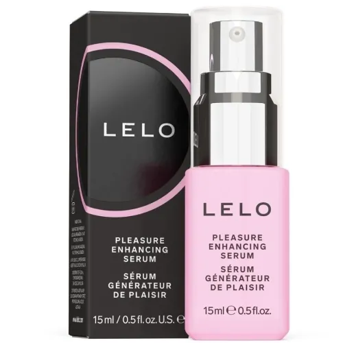 Rosa Flasche und schwarze Verpackung von LELO Pleasure Enhancing Serum, 15 ml.