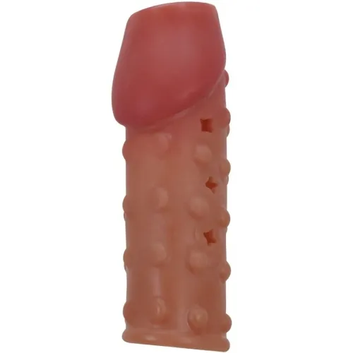 Red, textured silicone attachment with bumps and star shapes, cylindrically shaped.