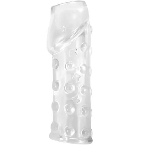 Transparente, strukturierte Hülle mit runden und sternförmigen Erhebungen, zylindrische Form.