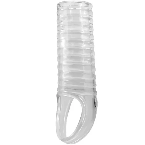 Transparente, gerippte Hülle mit einem Ring am Ende, aus flexiblem Material.