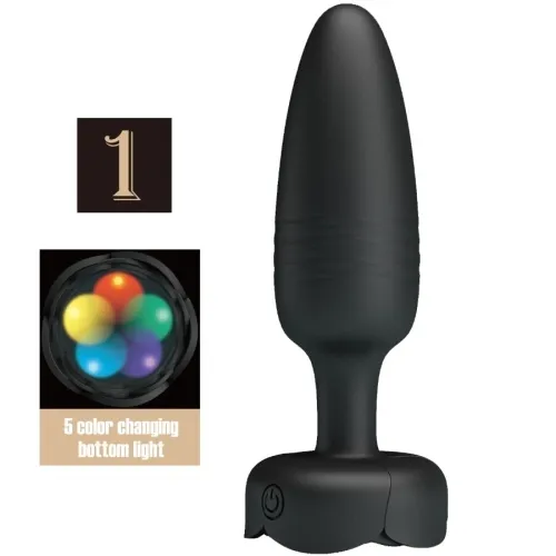 Black plug with color-changing light on the bottom, next to it the number 1 and colorful light display.