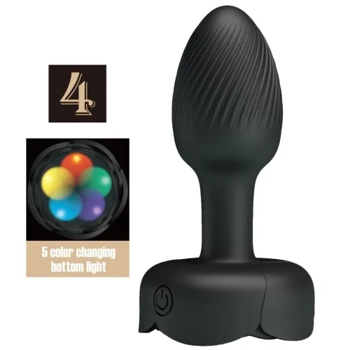 Black, textured sex toy with 5-color light and on/off switch.