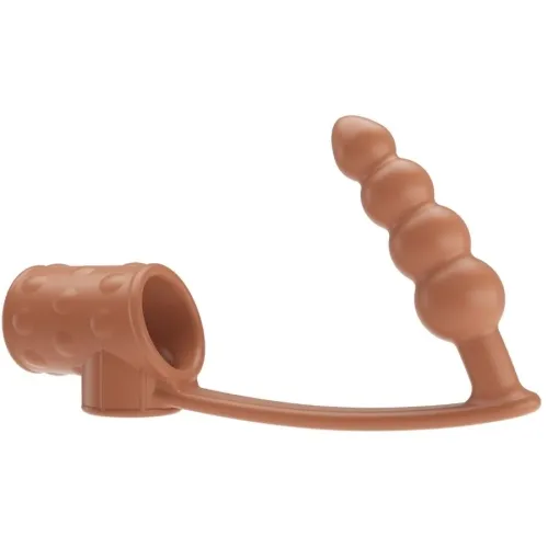 Braunes Hundespielzeug aus Gummi mit strukturiertem Griff und gebogener, segmentierter Spitze.