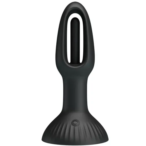 Black, modern device with oval handle and stand, power button visible.