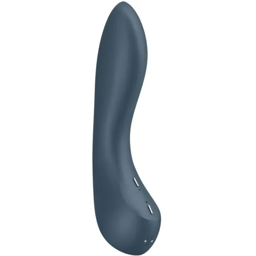 Dunkelblauer, geschwungener Vibrator mit glatter Oberfläche und Bedienelementen an der Seite.