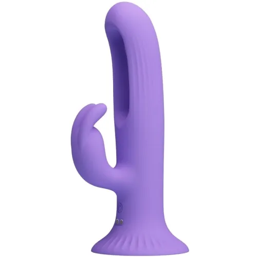 Purple vibrator with two arms, one curved, the other shorter. Smooth surface with ribbed detail at the base.