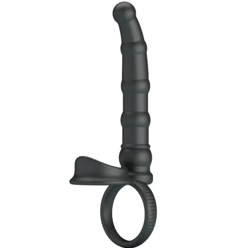 Black, ribbed sex toy with a ring and curved end.