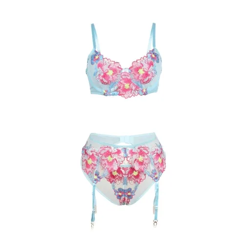 Bh- Und Strumpfgürtel-Set Mit Blumenstickerei Rosa S/M – Subblime