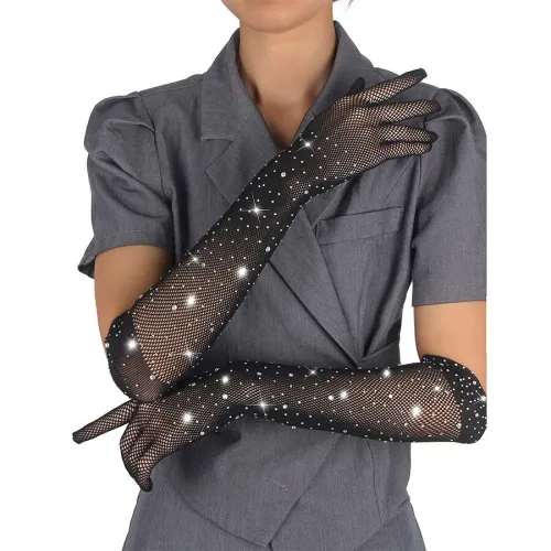 The person is wearing glittery black mesh gloves and a grey top.