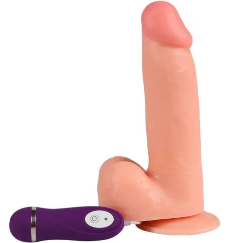 A flesh-colored dildo with a suction cup and purple remote control on a white background.