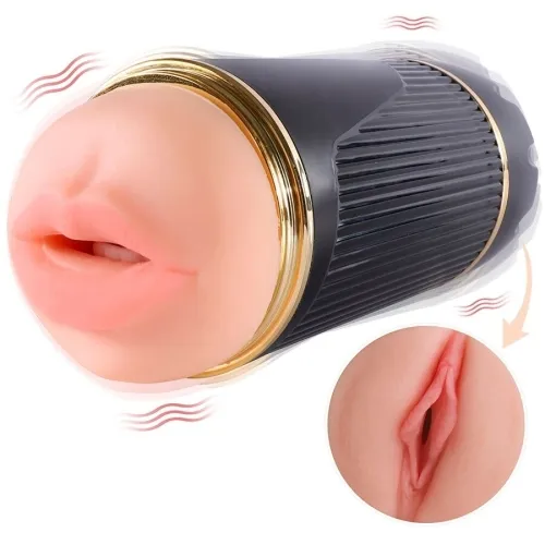 Schwarzes, zylindrisches Sexspielzeug mit realistischen Lippen und Vibrationseffekten, Detailansicht eines Einsatzes.