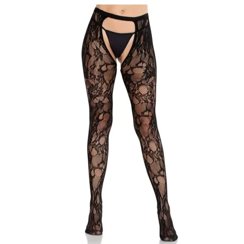 Schwarze Spitzenstrumpfhose mit offenem Schritt und floralen Mustern, getragen von einer Person.