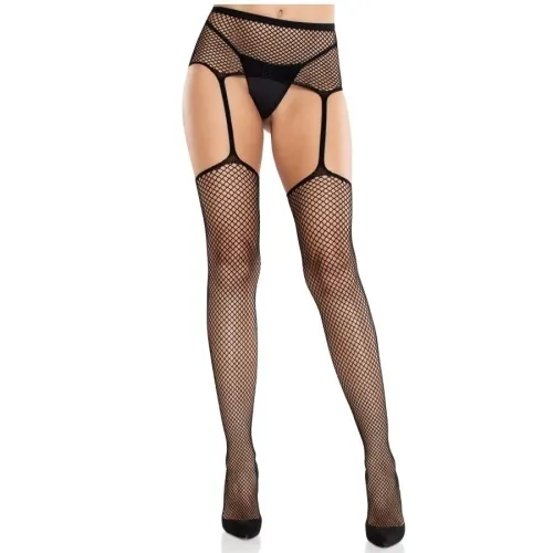 Person wearing black fishnet stockings with garter belt and black high heels.