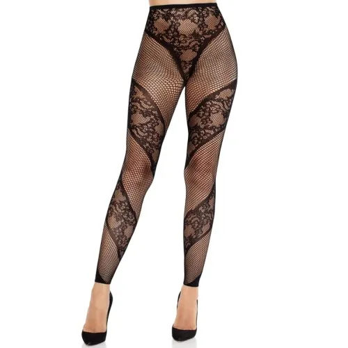 Schwarze Netzstrumpfhose mit floralen Mustern, getragen mit schwarzen High Heels.