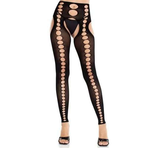 Schwarze Strumpfhose mit kreisförmigen Ausschnitten und High Heels.