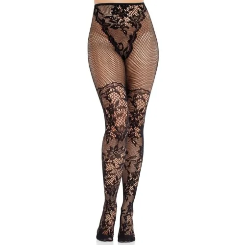 Schwarze Netzstrumpfhose mit floralen Spitzenmustern, die bis zur Taille reicht.
