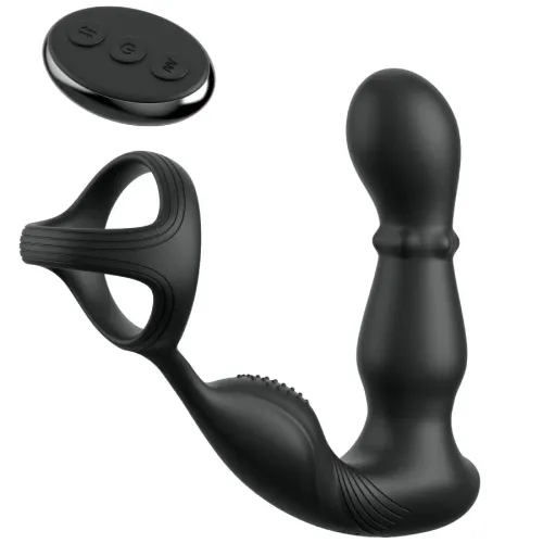 Schwarzes, ergonomisches Sexspielzeug mit Fernbedienung, bestehend aus einem Ring und einem strukturierten, gebogenen Schaft.