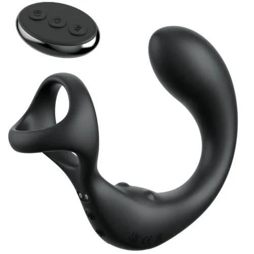 Black, ergonomic sex toy with remote control, consisting of a ring and a curved part.