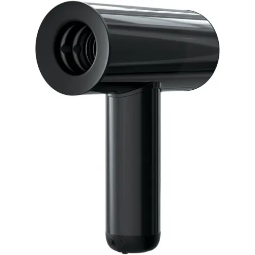 Black, modern T-shaped hair dryer with a smooth, glossy finish.