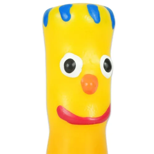 Yellow toy with big eyes, a red mouth, and blue stripes on its head.