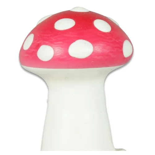 Red mushroom with white spots, stylized and rendered in three dimensions, on a white background.
