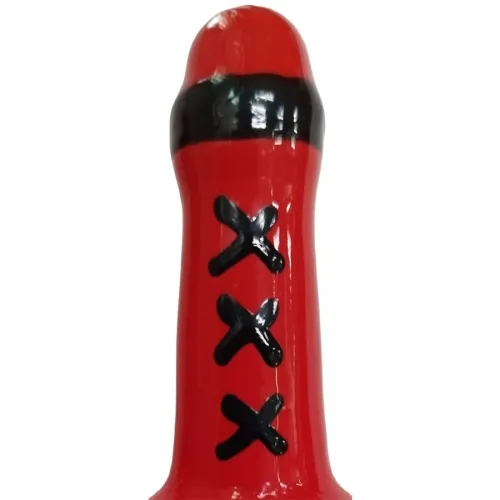 Red bottle with a black stripe and three black X signs in the middle.