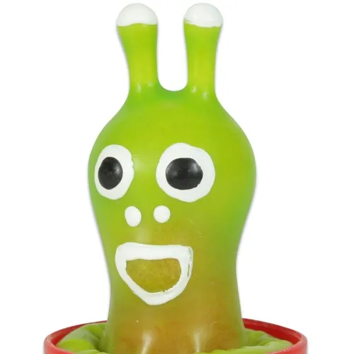 Grüne, cartoonartige Figur mit großen Augen und offenem Mund in einem roten Topf.