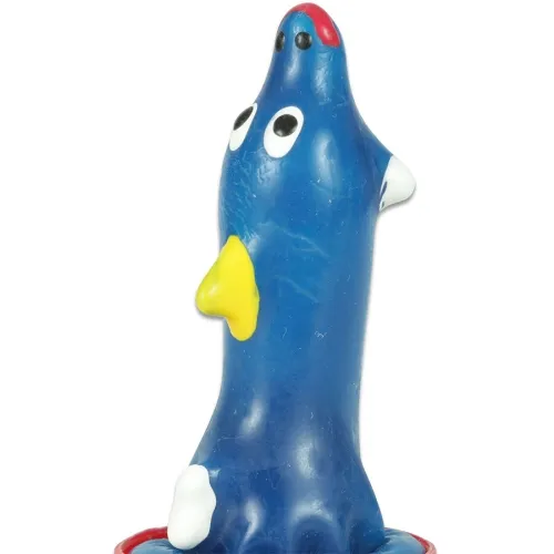Blue, cartoon-like creature with large eyes, yellow beak and red accents on a white background.