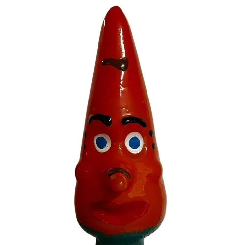 Red, pointed figure with a face, blue eyes and black eyebrows.