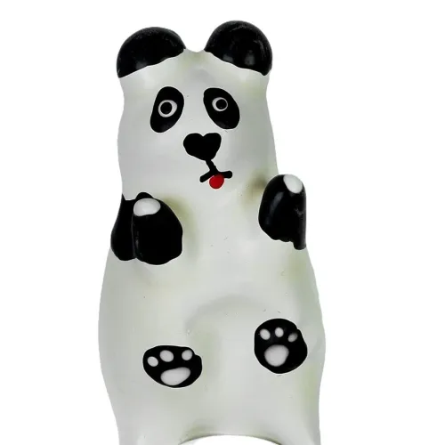 Toy panda with black ears and paws, red tongue, standing upright.