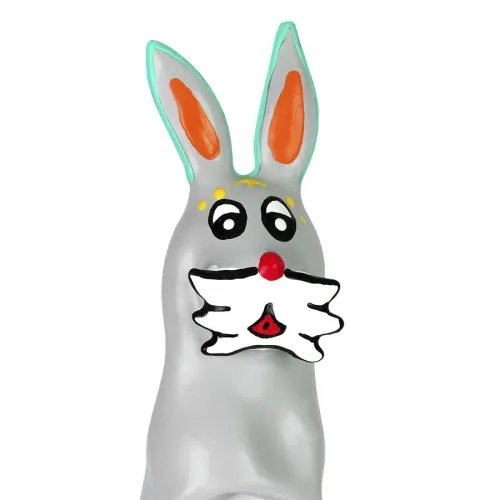 Grey chocolate bunny with colorful details, big eyes and red ears.