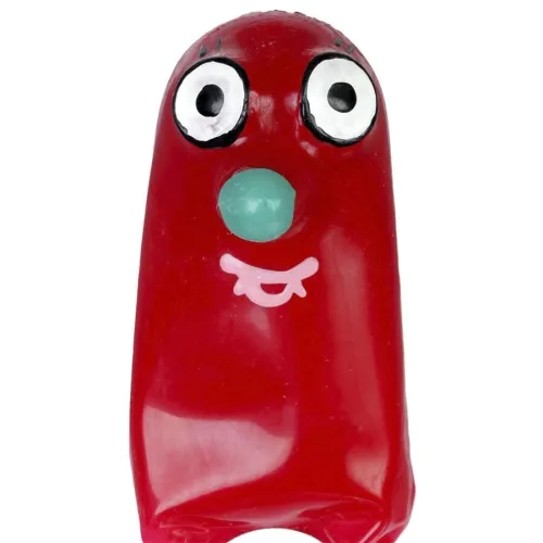 Red, cartoon-like face with large eyes, green circle for nose and pink mouth on a white background.